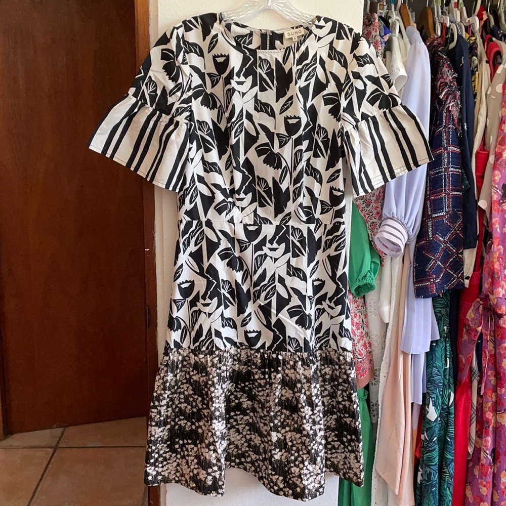Suno Mixed Pattern Floral Black White Dress 8